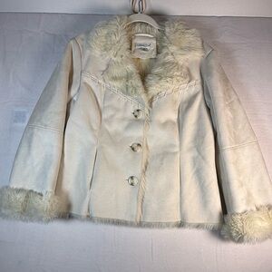 Coldwater Creek Cream Faux Suede with Faux Fur Collar and Lining Coat Size PM